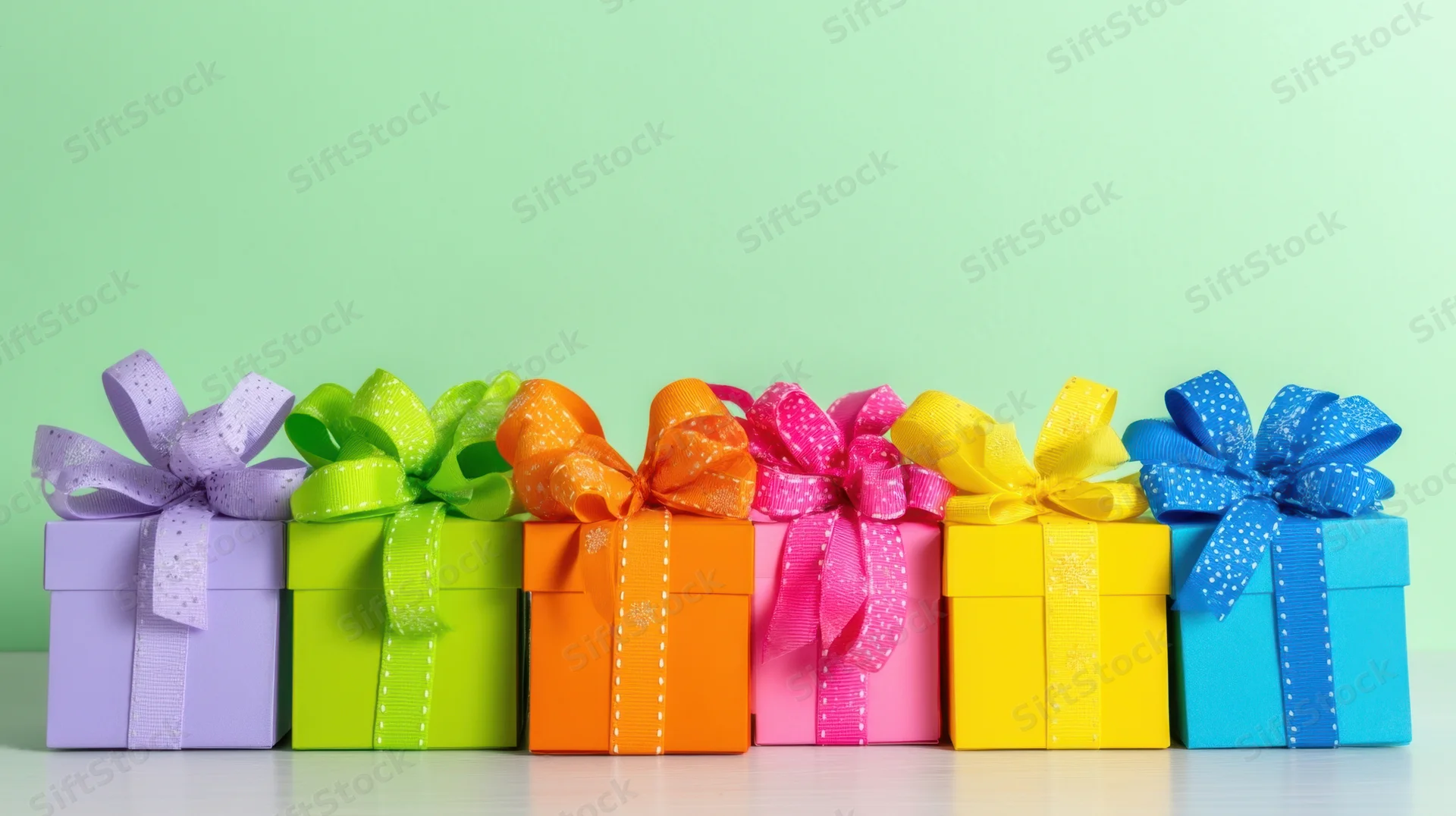 Row of colorful gift boxes with ribbons arranged on a mint green background