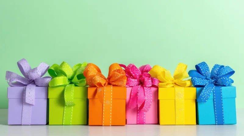 Row of colorful gift boxes with ribbons arranged on a mint green background