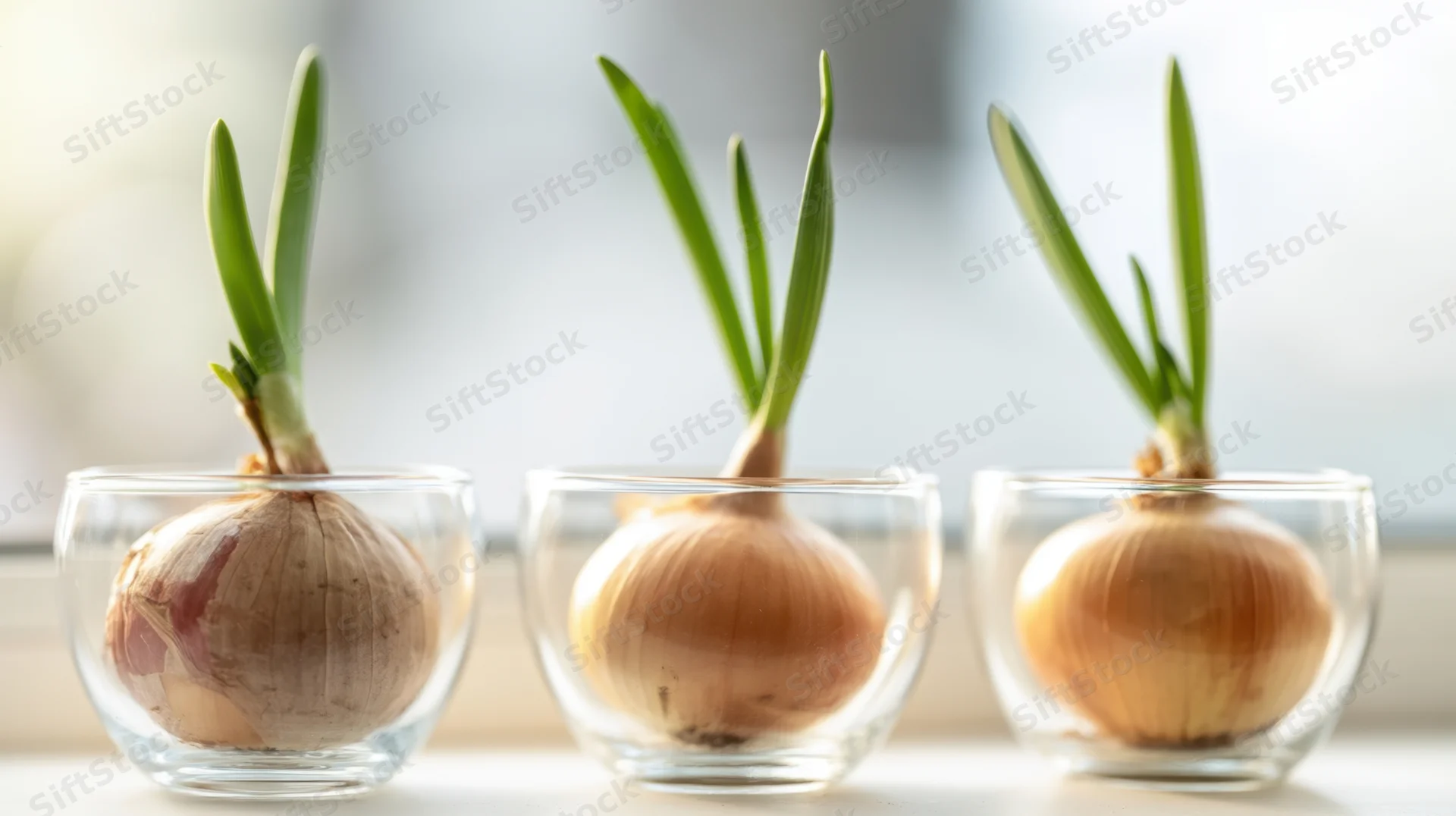 Three onions sprouting in glass bowls on a windowsill