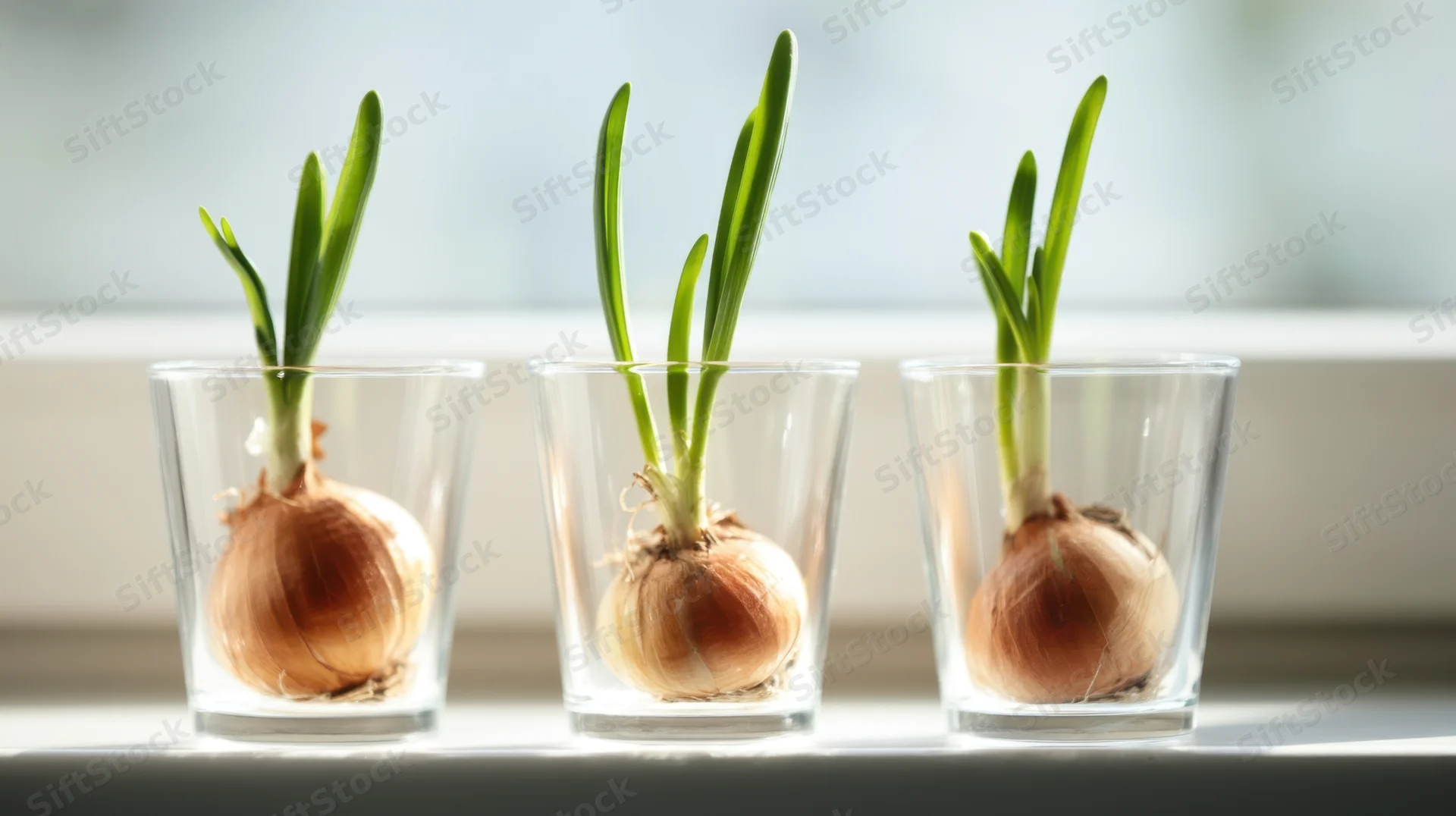 Three onions sprouting in glass cups on a windowsill in sunlight