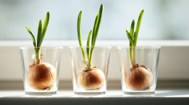 Three onions sprouting in glass cups on a windowsill in sunlight