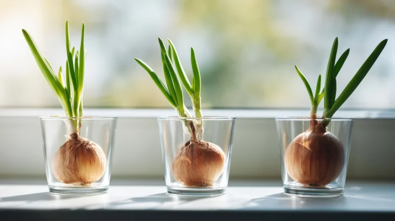 Three onions sprouting in glass cups on a windowsill in sunlight