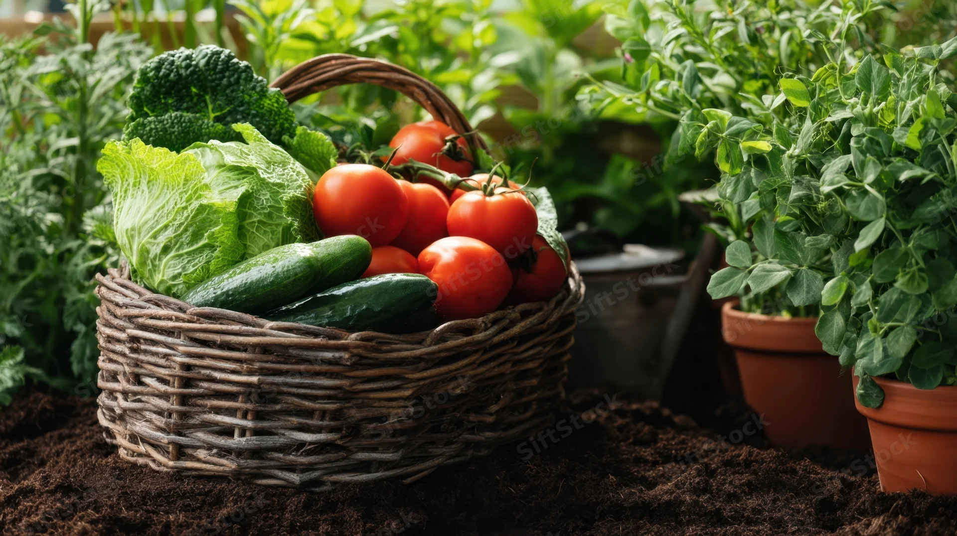 Woven basket filled with fresh vegetables resting in a garden surrounded by potted plants and soil