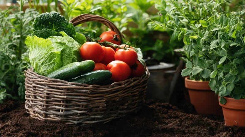 Woven basket filled with fresh vegetables resting in a garden surrounded by potted plants and soil