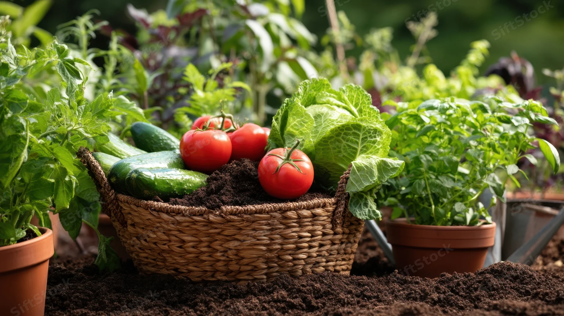 Woven basket filled with fresh tomatoes, cucumbers and lettuce resting on soil in a garden surrounded by potted herbs and plants