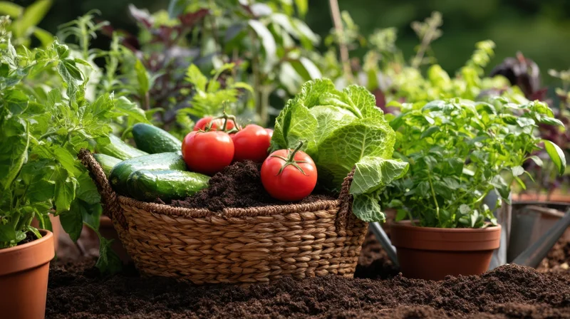 Woven basket filled with fresh tomatoes, cucumbers and lettuce resting on soil in a garden surrounded by potted herbs and plants