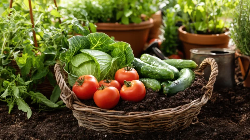 Wicker basket filled with fresh tomatoes, cucumbers and cabbage resting on soil in a garden surrounded by potted plants