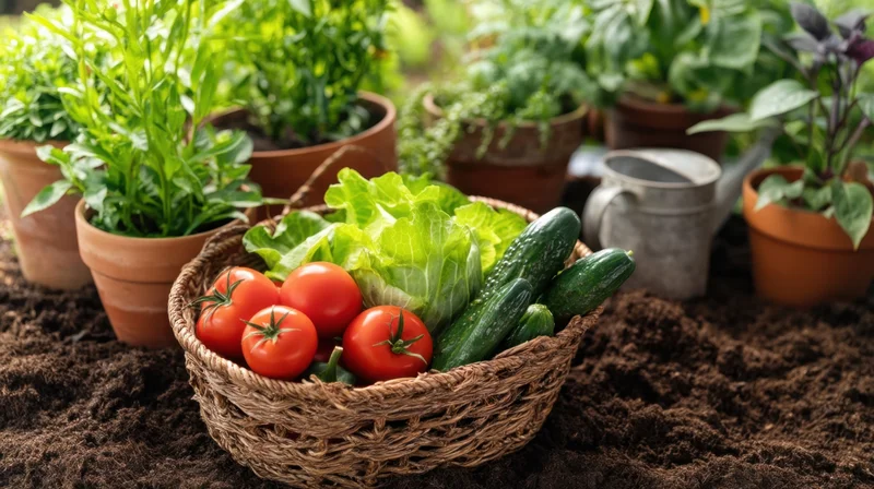 A woven basket filled with fresh tomatoes cucumbers and lettuce resting on soil in a home garden surrounded by potted plants and a watering can