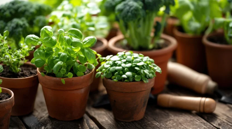 Potted herbs and vegetables arranged on a rustic wooden table with gardening tools nearby