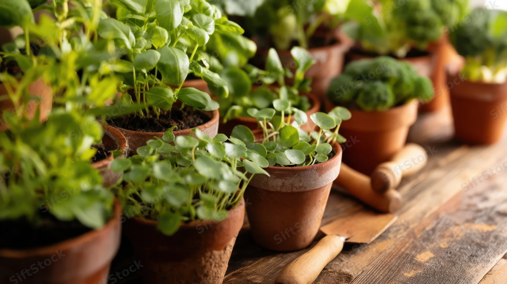 Young green plants growing in terracotta pots on a rustic wooden table with gardening tools nearby