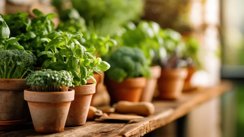 Potted herbs and vegetables arranged on a wooden shelf in a kitchen setting