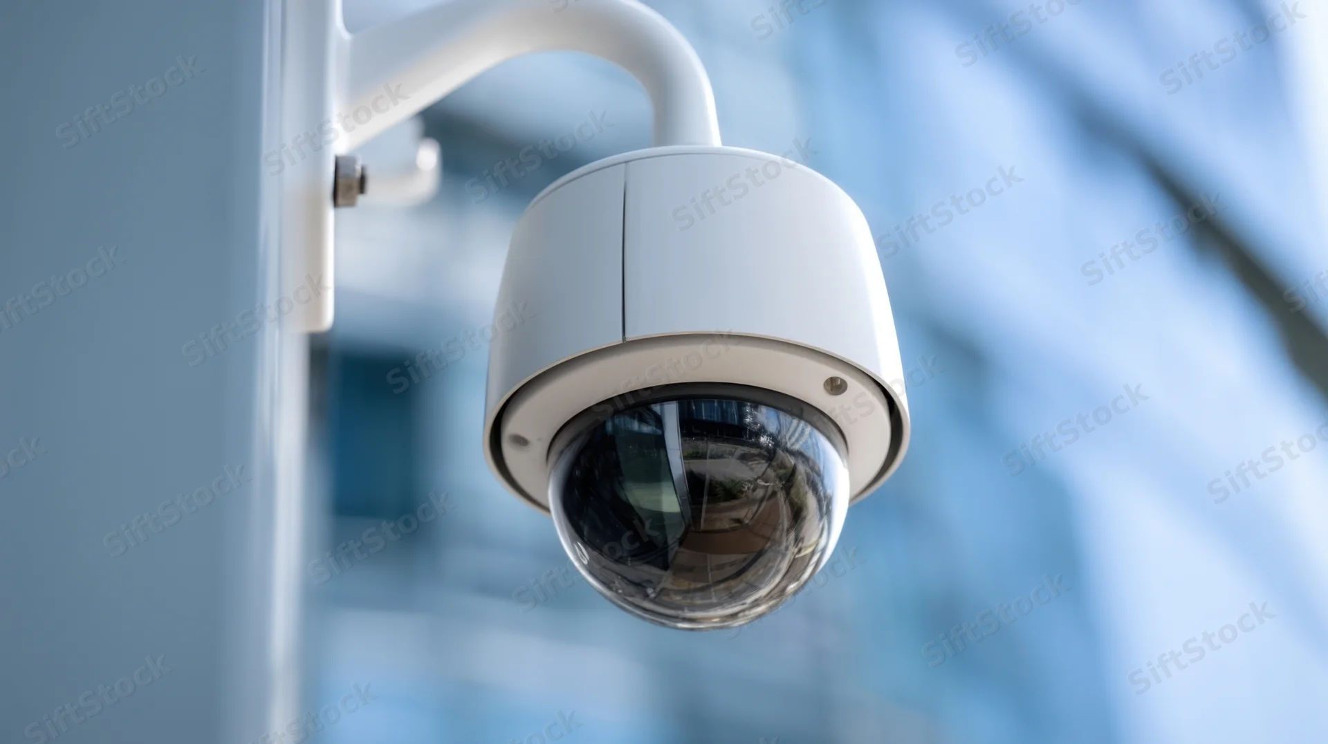 White dome security camera mounted on a building wall outdoors