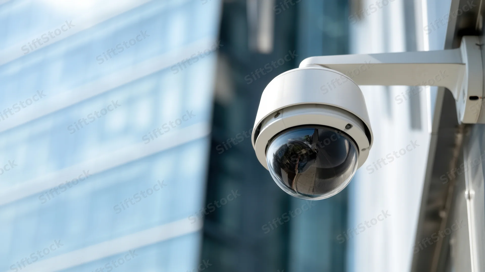 Dome security camera mounted on a building exterior with reflective glass facade in the background