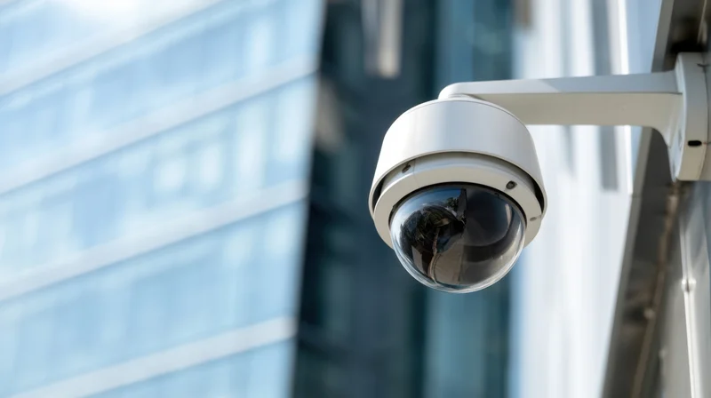 Dome security camera mounted on a building exterior with reflective glass facade in the background