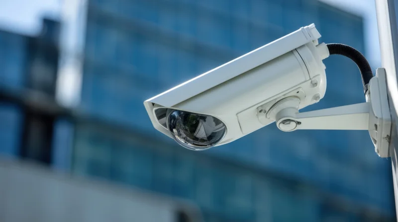 White security camera mounted on a bracket outside a modern glass building