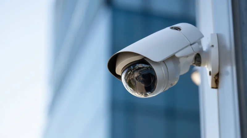 White security camera mounted on a building exterior wall, reflecting surroundings in its glass lens