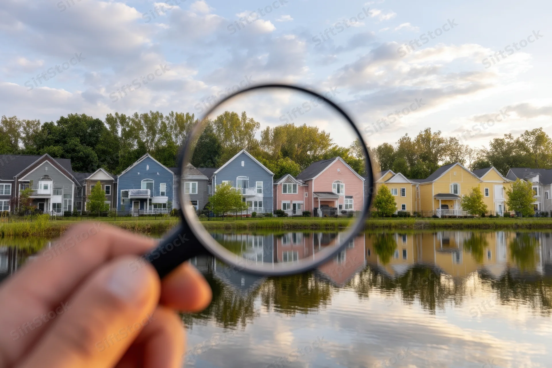 Hand holding magnifying glass over row of colorful houses along lake with reflections in water at sunset