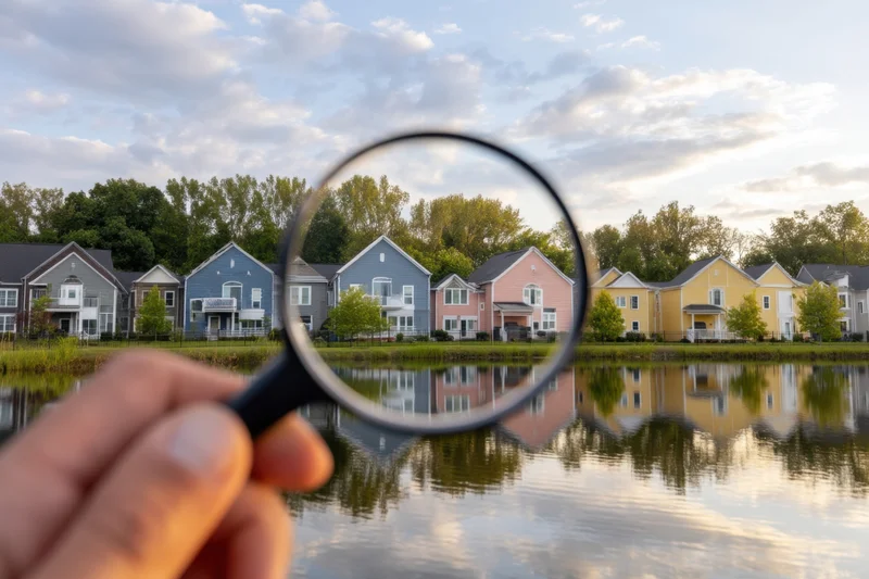 Hand holding magnifying glass over row of colorful houses along lake with reflections in water at sunset