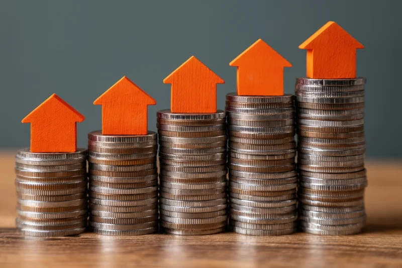 Five stacks of silver coins increasing in height with orange house models on top on a wooden surface