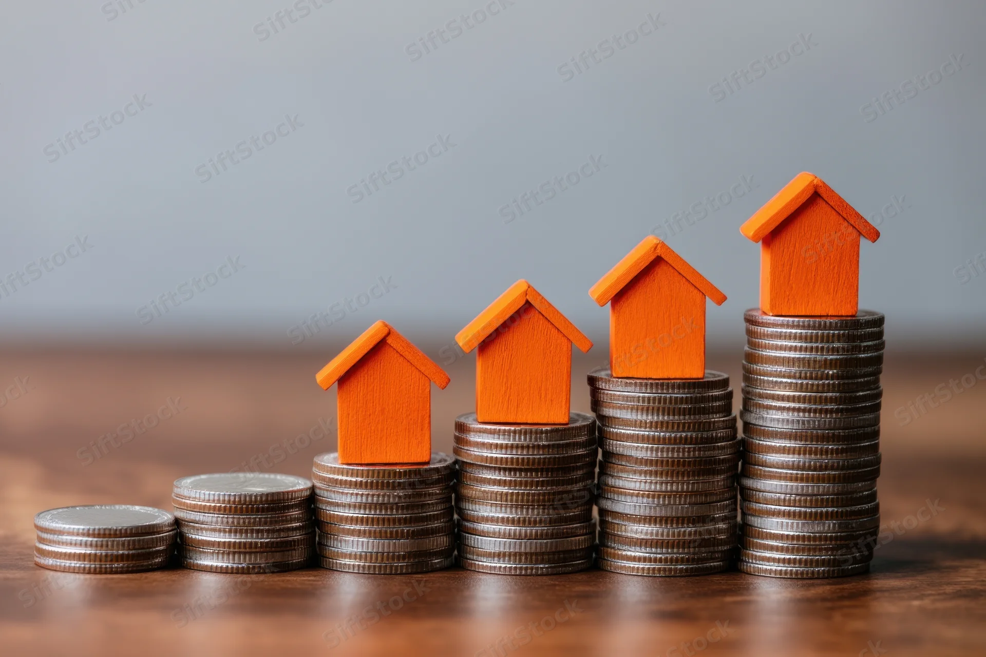 Orange wooden houses stacked on rising piles of coins on a wooden table