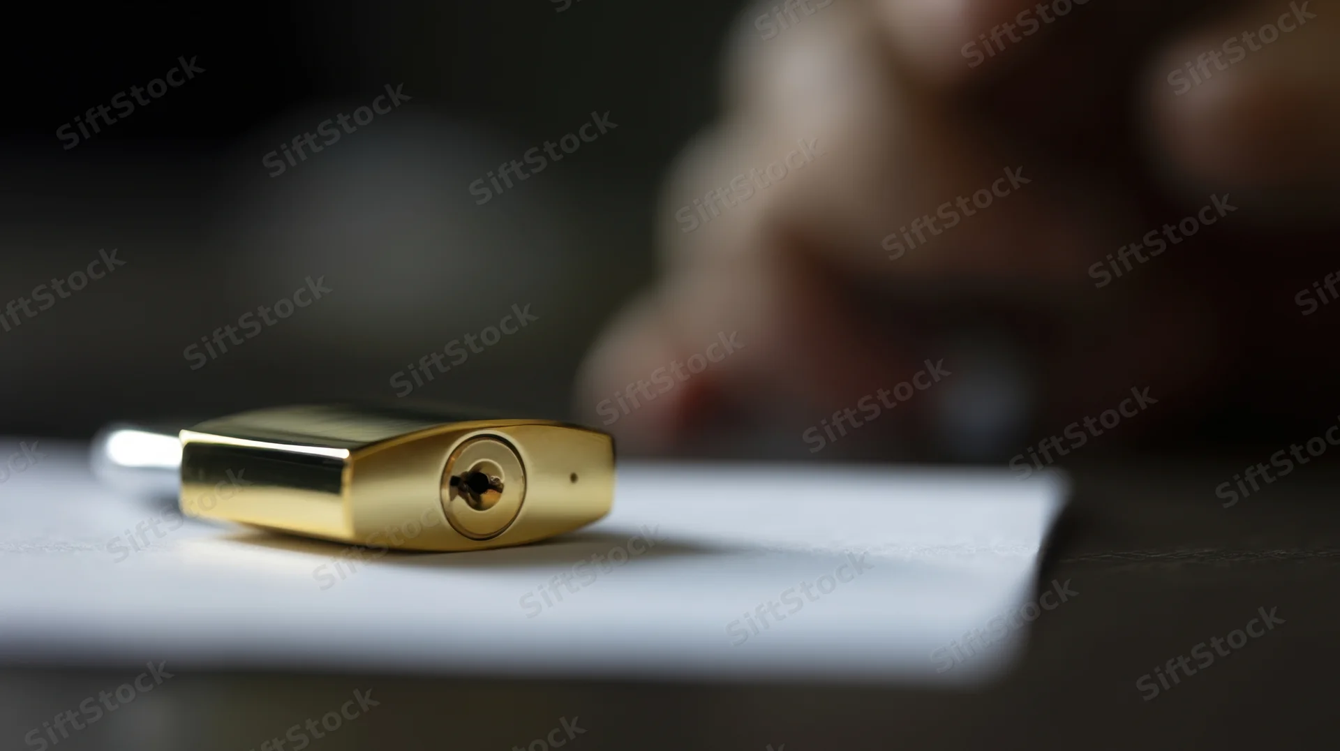 Golden padlock resting on a document with a hand in the background