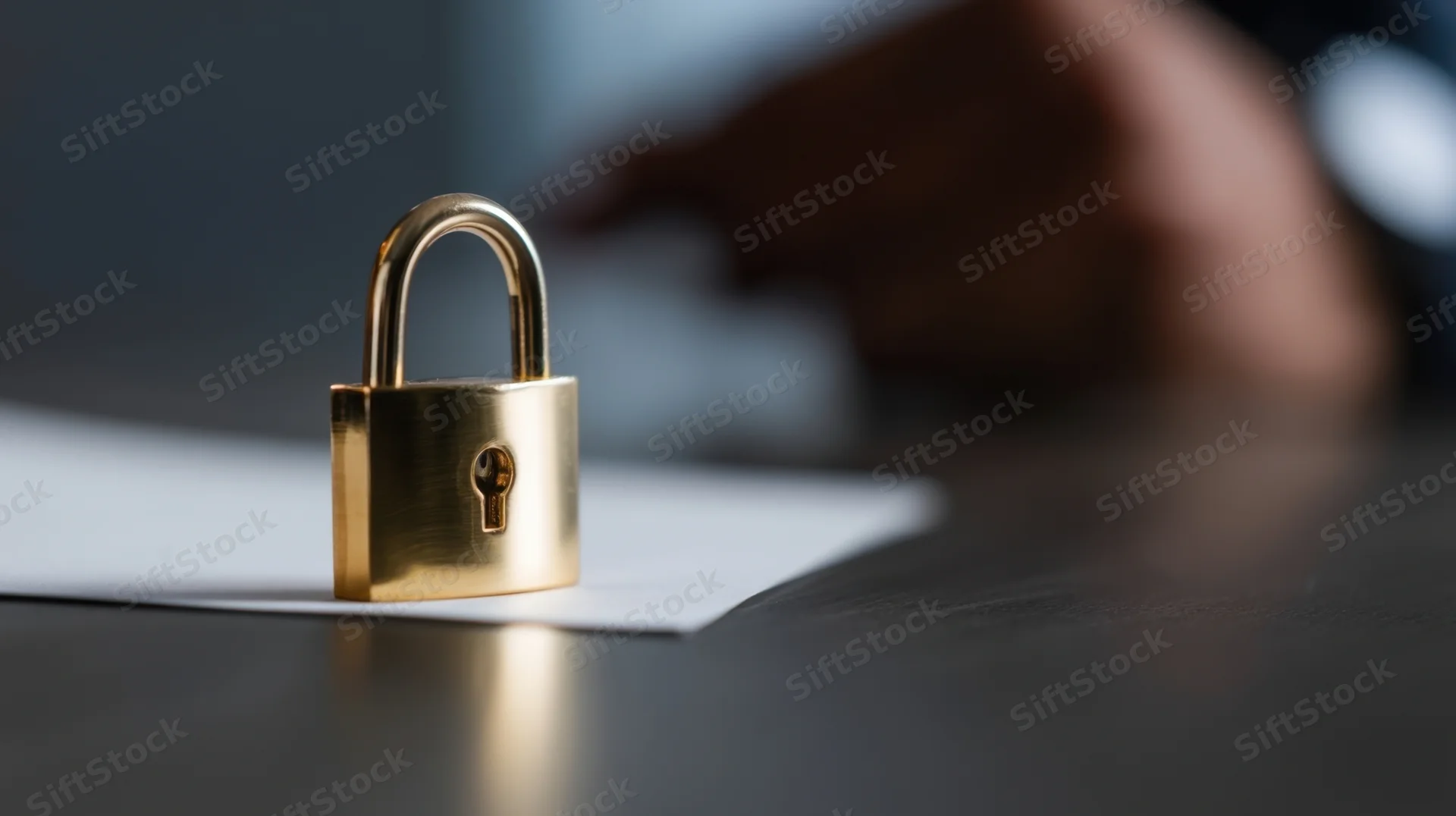 Brass padlock on document with hand pointing in office setting