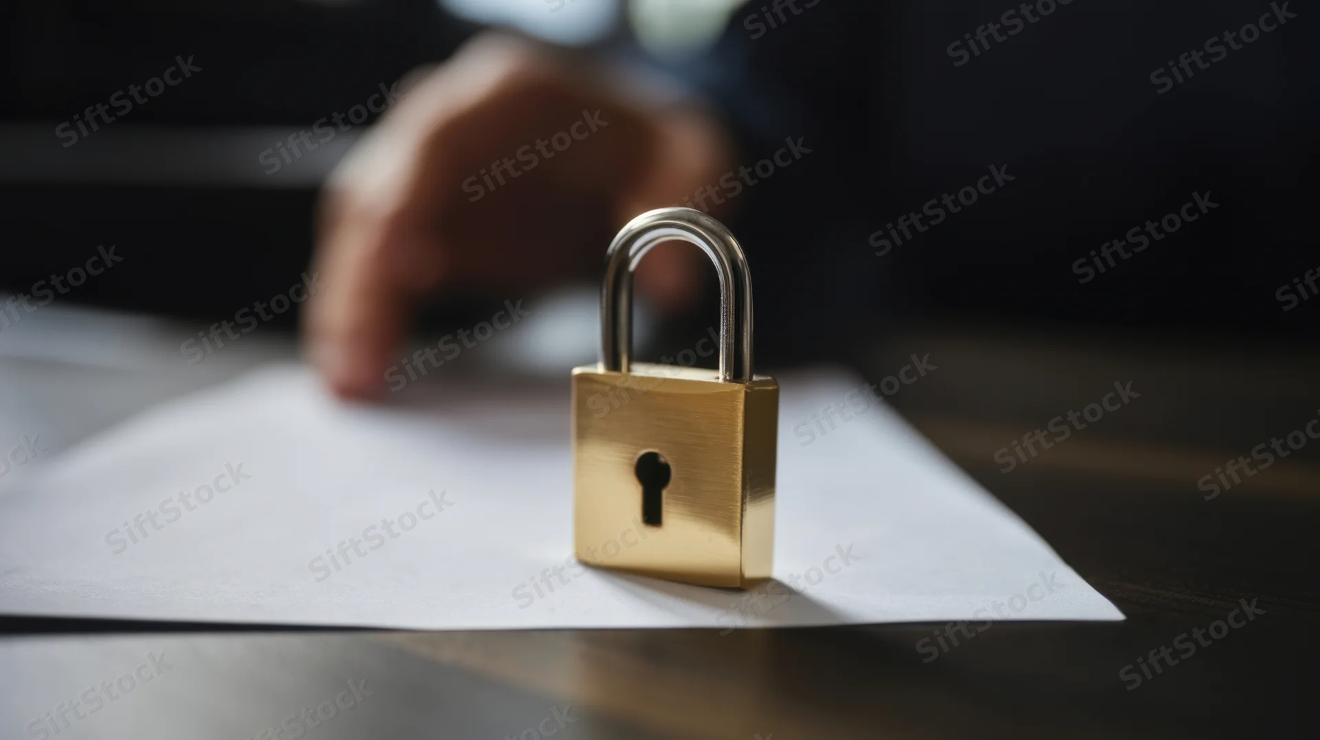 Golden padlock resting on a document with a hand in the background on a desk