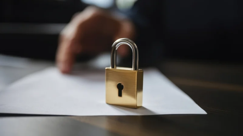 Golden padlock resting on a document with a hand in the background on a desk