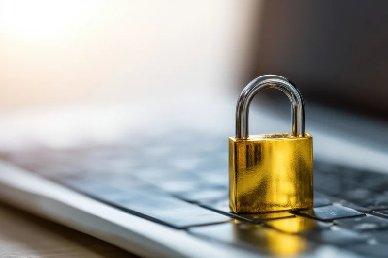 Gold padlock resting on laptop keyboard symbolizing digital security