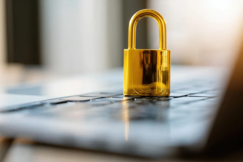 Golden padlock resting on laptop keyboard symbolizing digital security