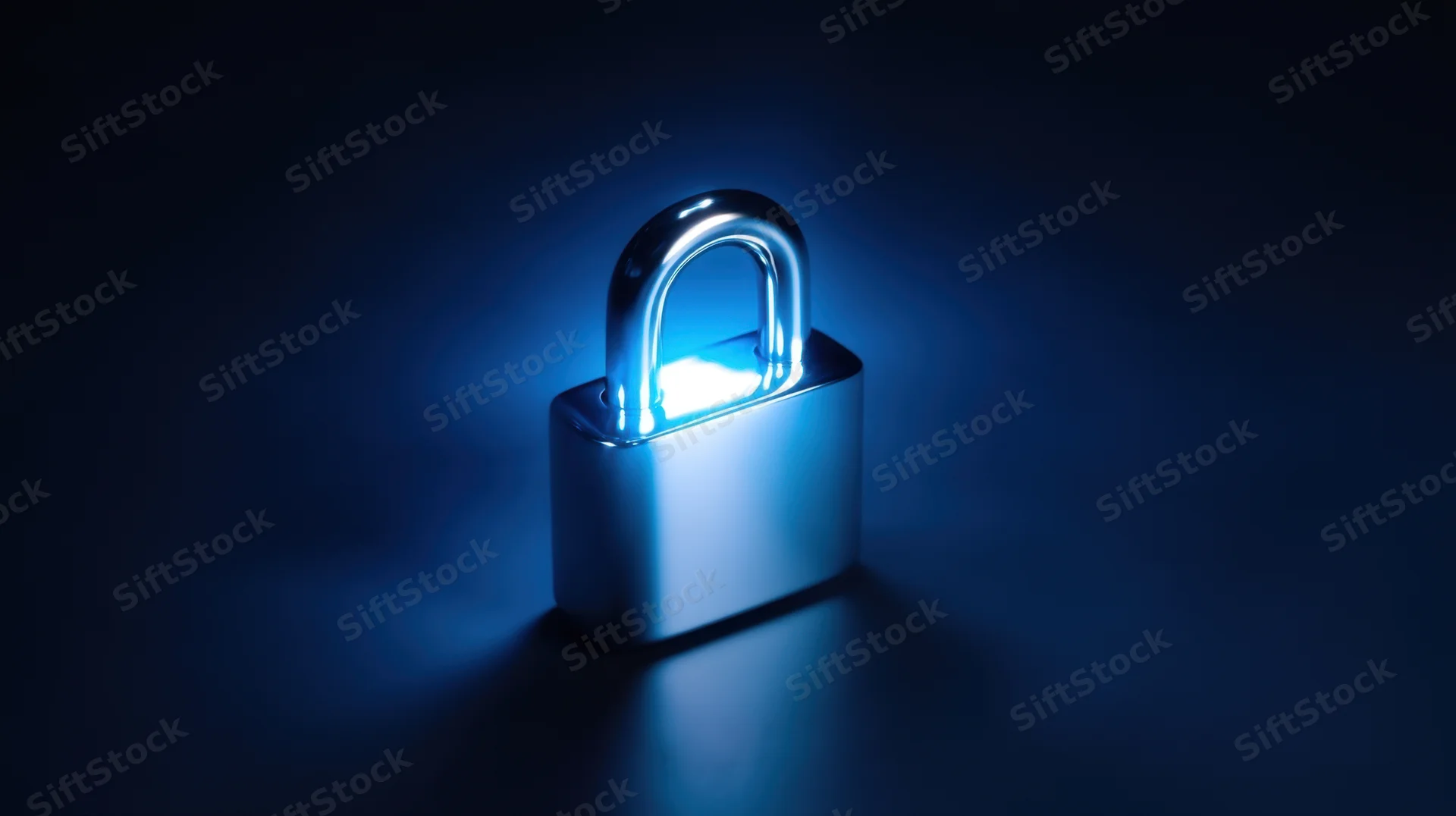 Glowing blue padlock on dark surface with light reflection