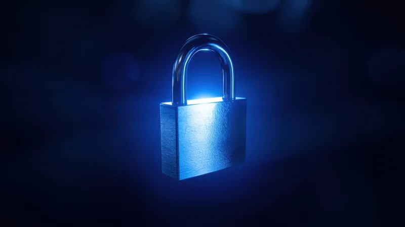 Glowing blue metallic padlock floating in dark space with bokeh lights