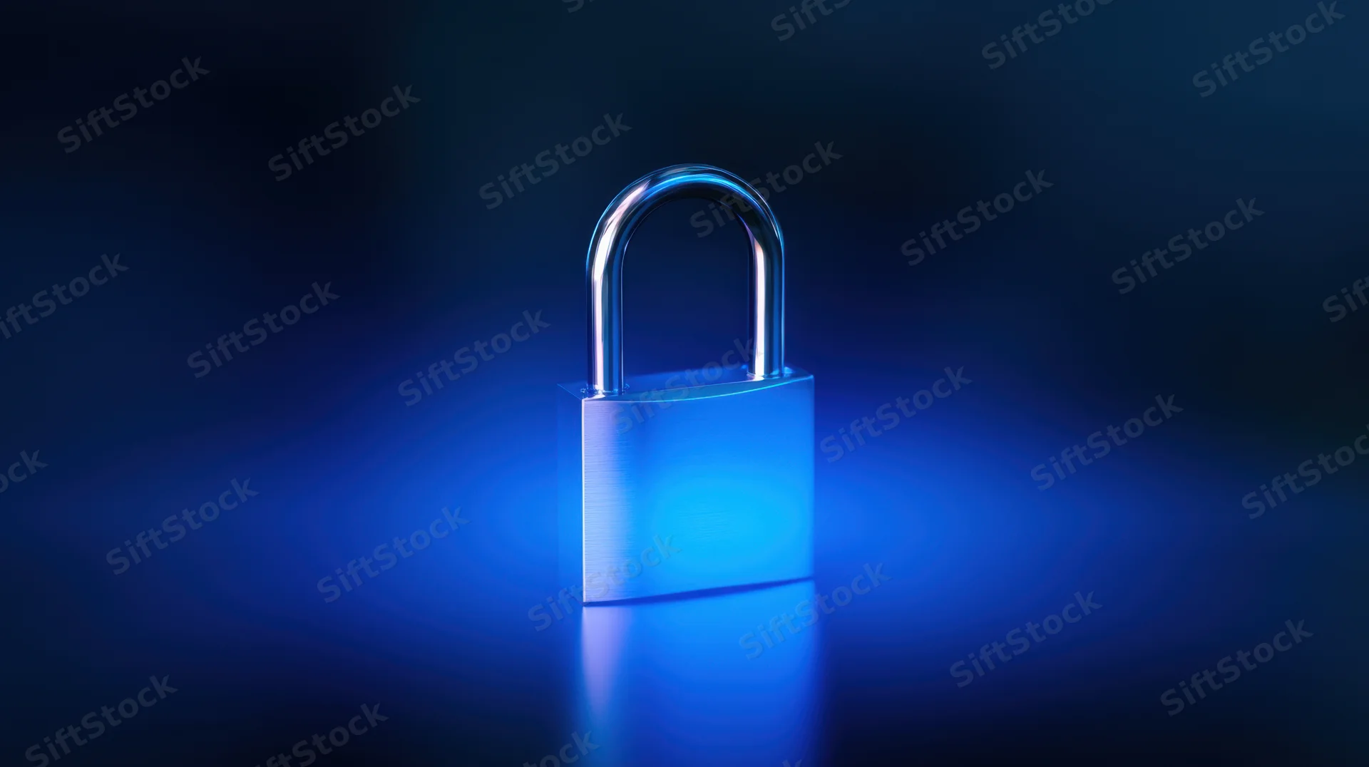 A shiny metallic padlock glowing with blue light on a dark reflective surface