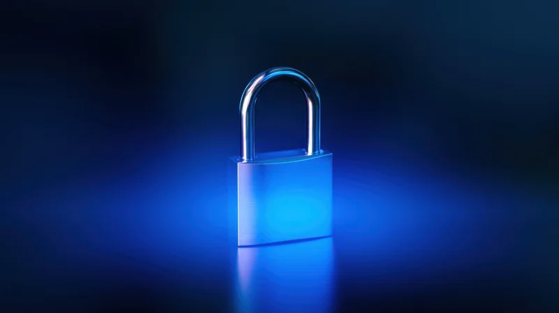 A shiny metallic padlock glowing with blue light on a dark reflective surface