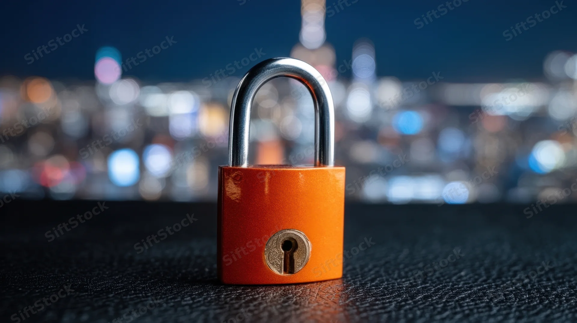 Orange padlock on dark surface with blurred city lights at night