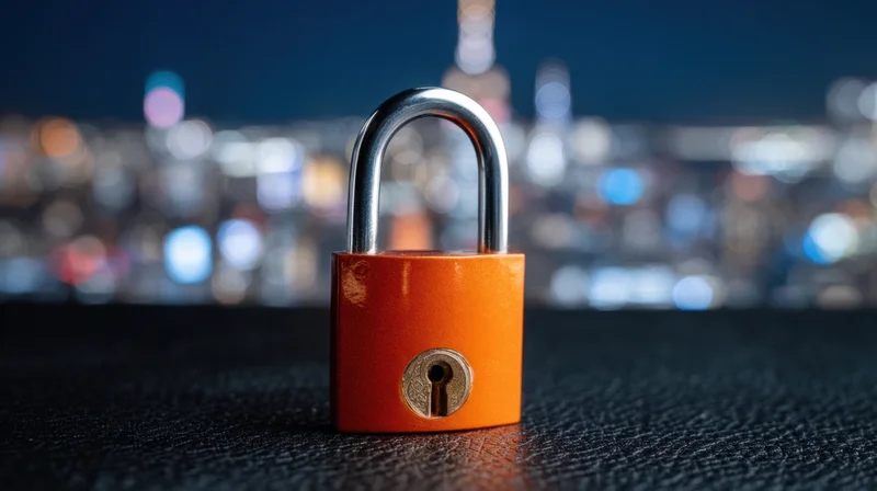 Orange padlock on dark surface with blurred city lights at night