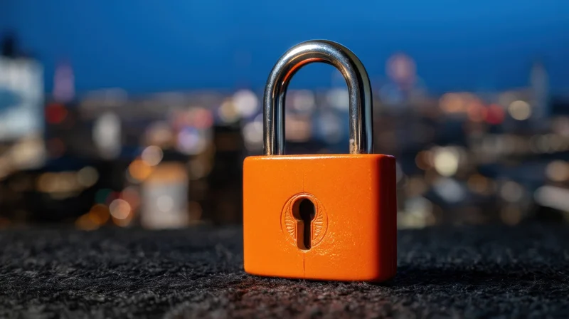 Orange padlock on dark surface with blurred city lights at night