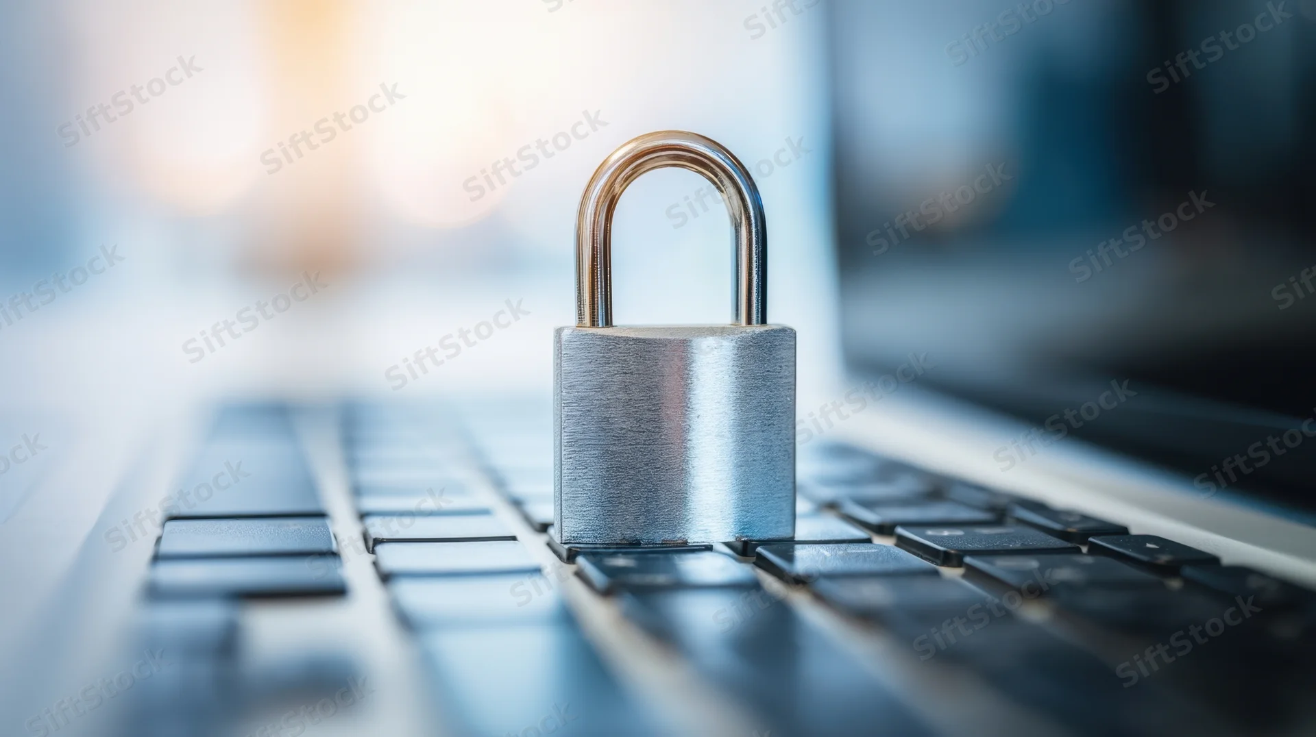 Shiny metal padlock resting on laptop keyboard in office setting