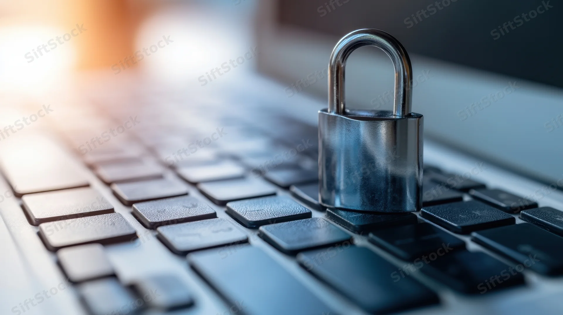 Shiny metallic padlock resting on laptop keyboard with blurred background and light glow