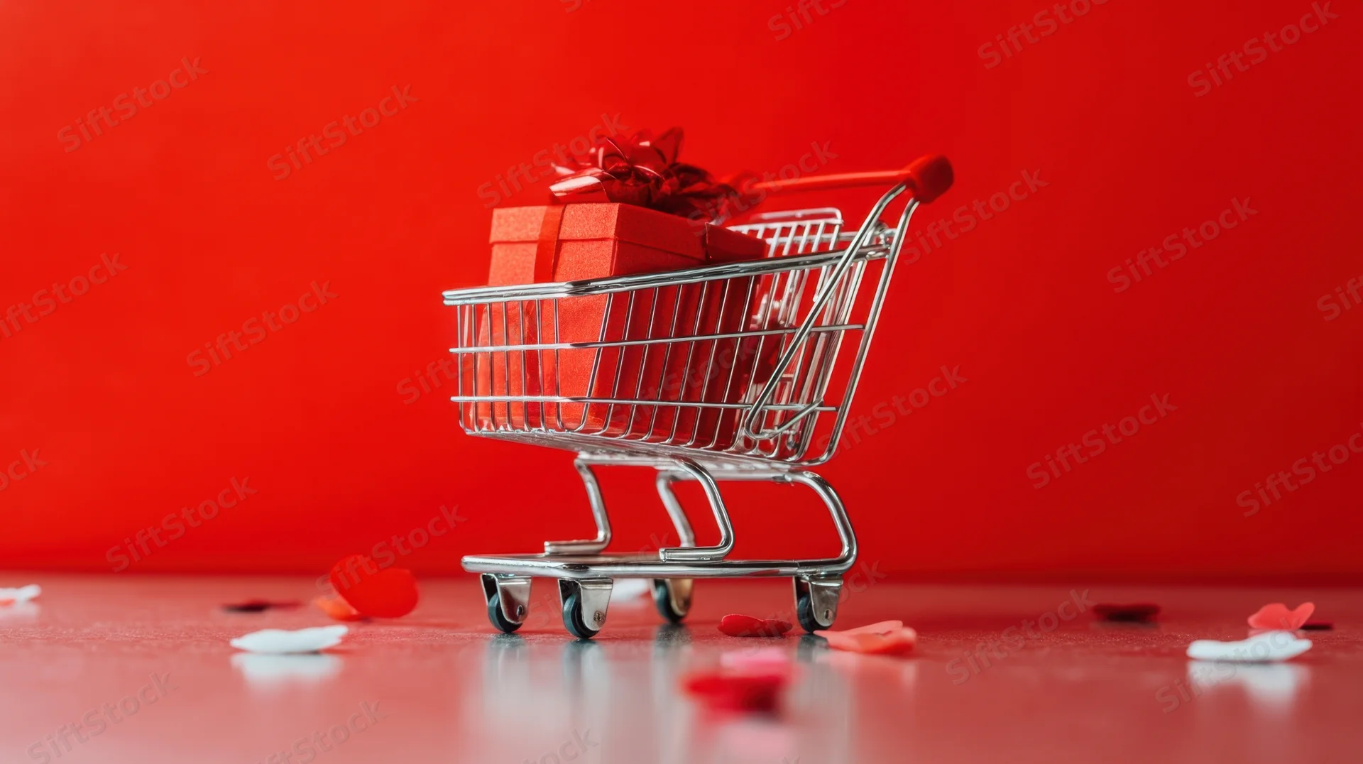 Small shopping cart holding a red gift box with ribbon, surrounded by scattered heart-shaped confetti on a red surface