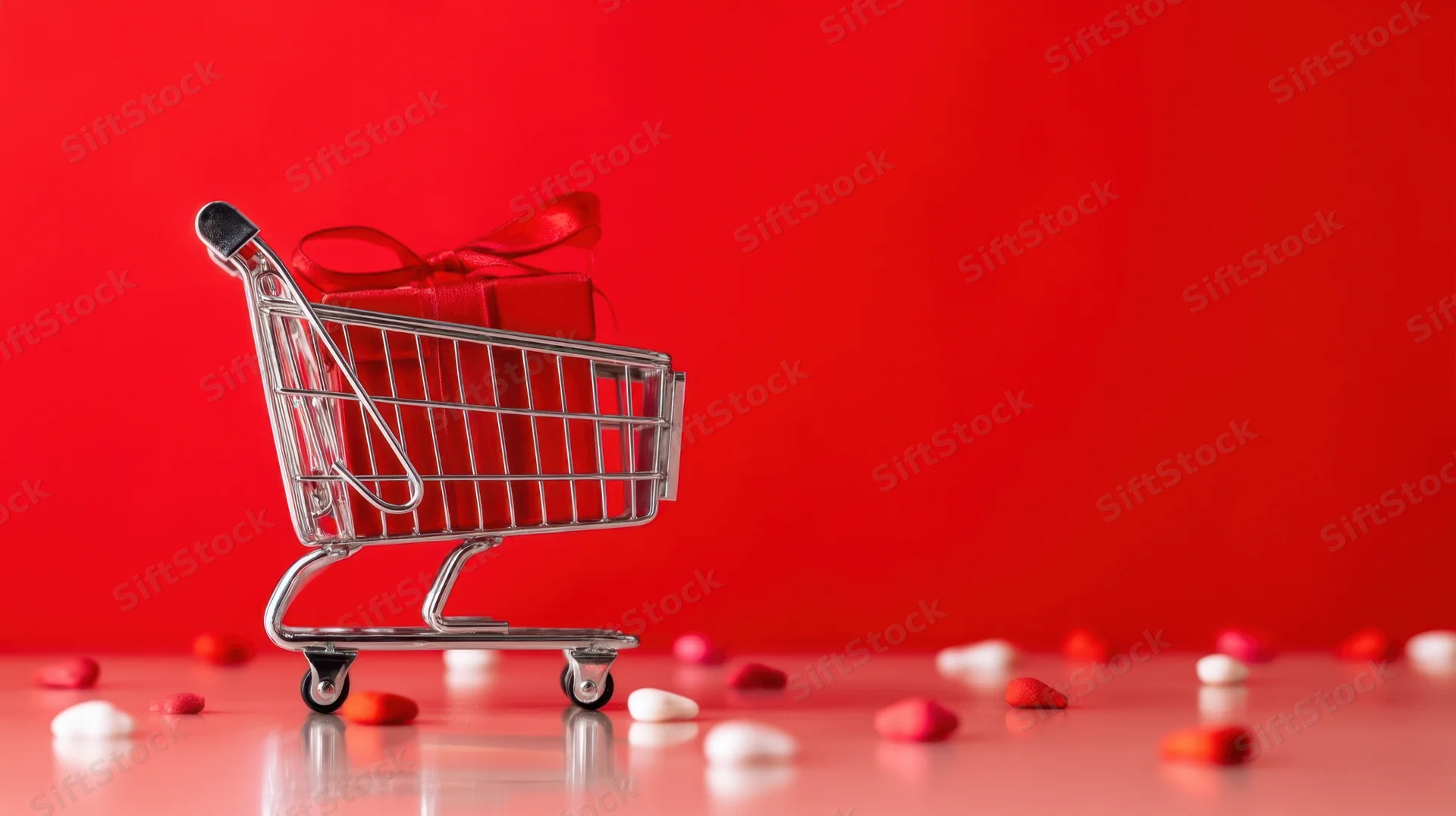 Miniature shopping cart holding a red gift box with ribbon, surrounded by scattered heart-shaped candies on a red background