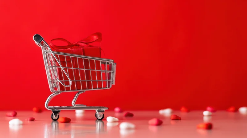 Miniature shopping cart holding a red gift box with ribbon, surrounded by scattered heart-shaped candies on a red background