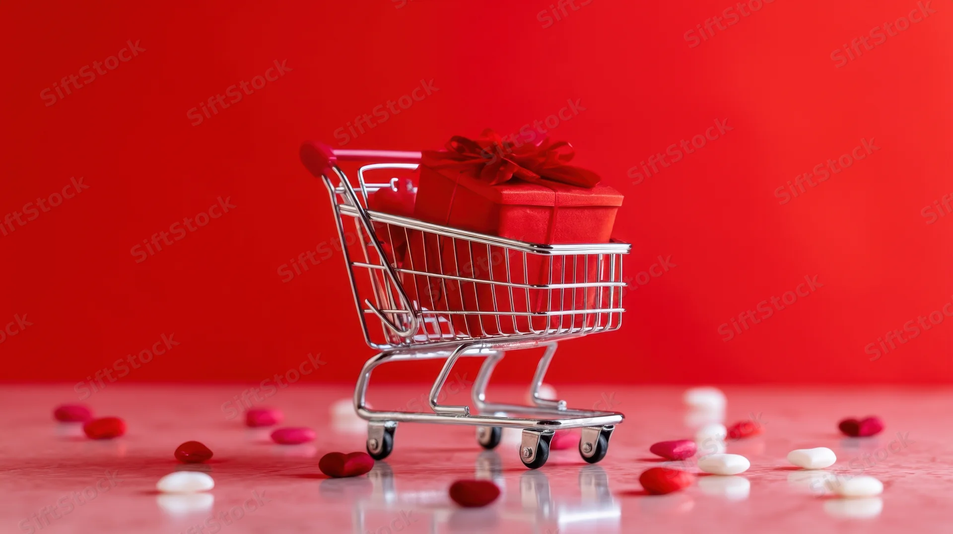 Miniature shopping cart holding a red gift box with ribbon, surrounded by heart-shaped candies on a red surface
