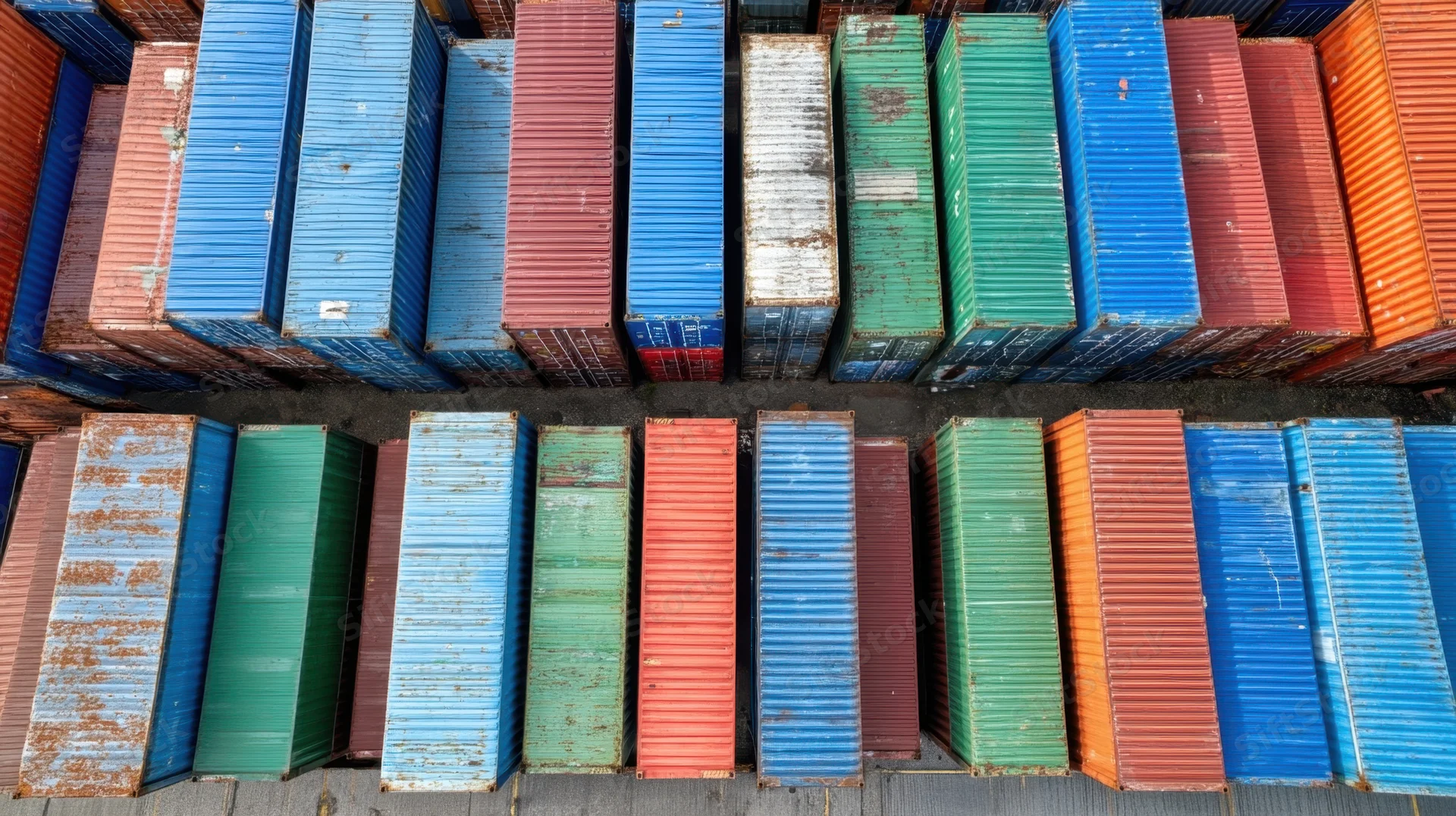 Rows of stacked shipping containers in a port yard