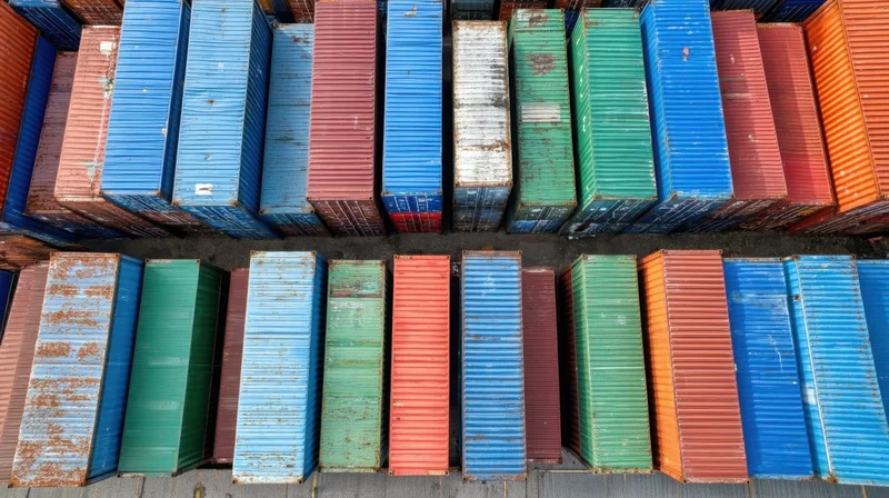 Rows of stacked shipping containers in a port yard