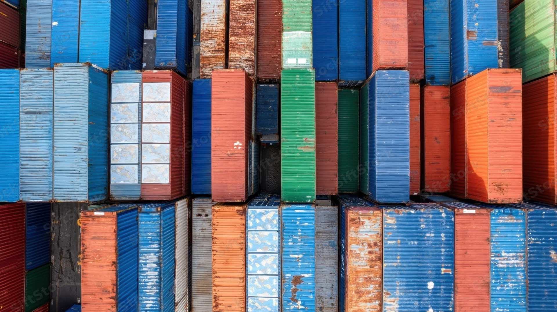 Stacked shipping containers in a port yard showing weathered metal and vibrant colors