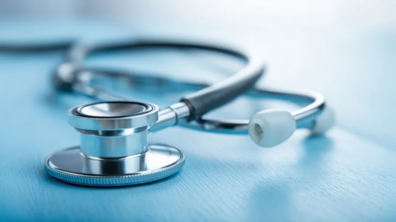 Silver stethoscope resting on a blue textured surface with copyspace