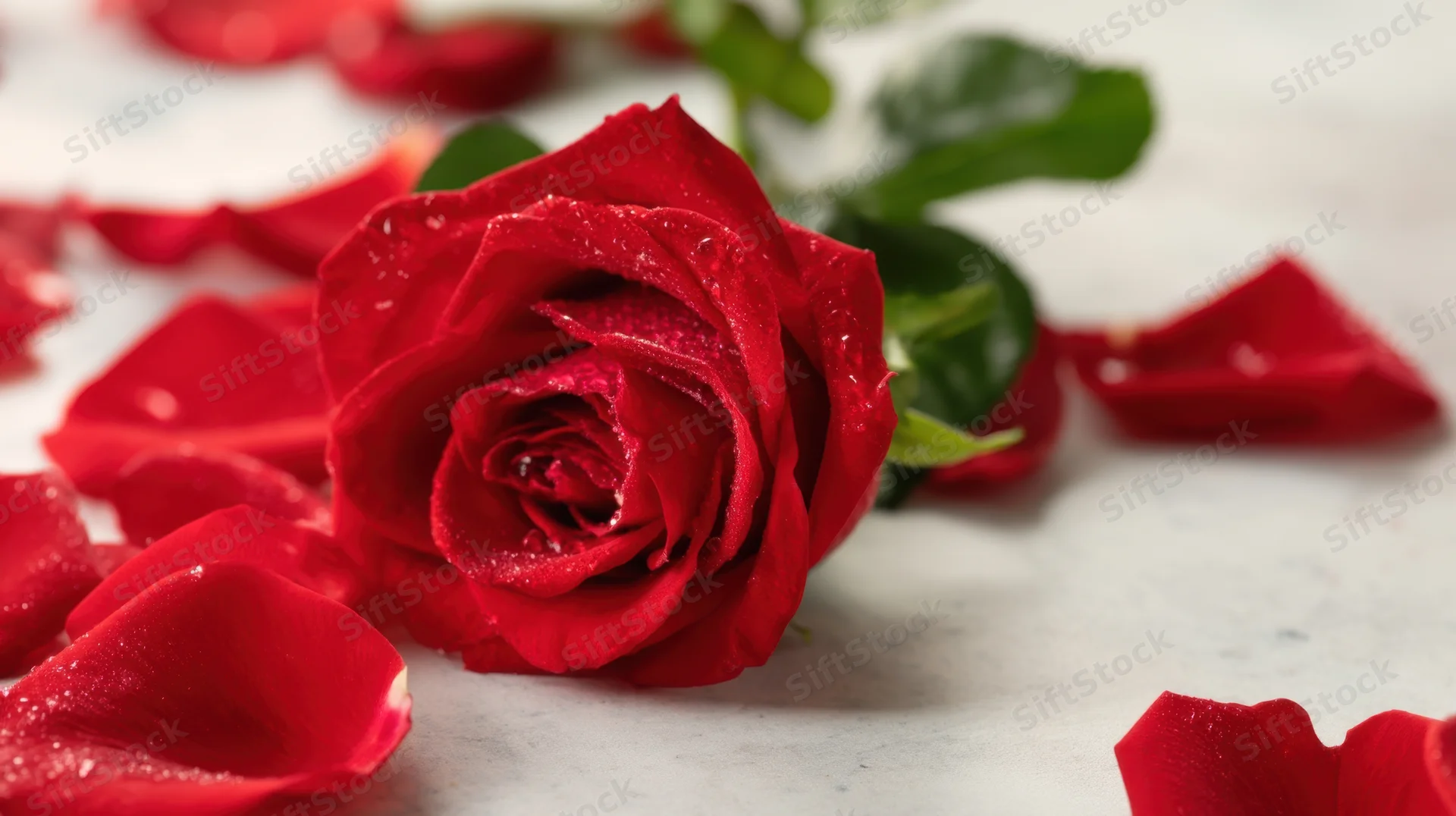 A red rose with dewdrops and scattered petals on a marble surface