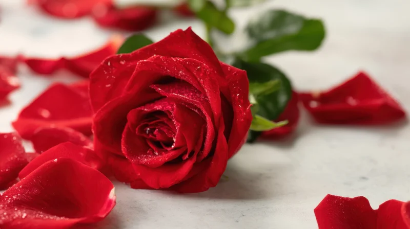 A red rose with dewdrops and scattered petals on a marble surface