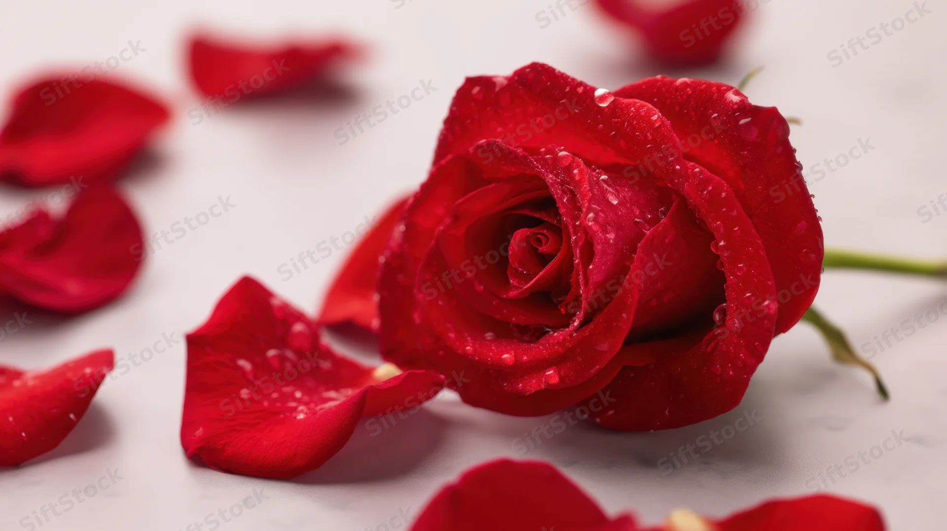 A red rose with water droplets and scattered petals on a marble surface